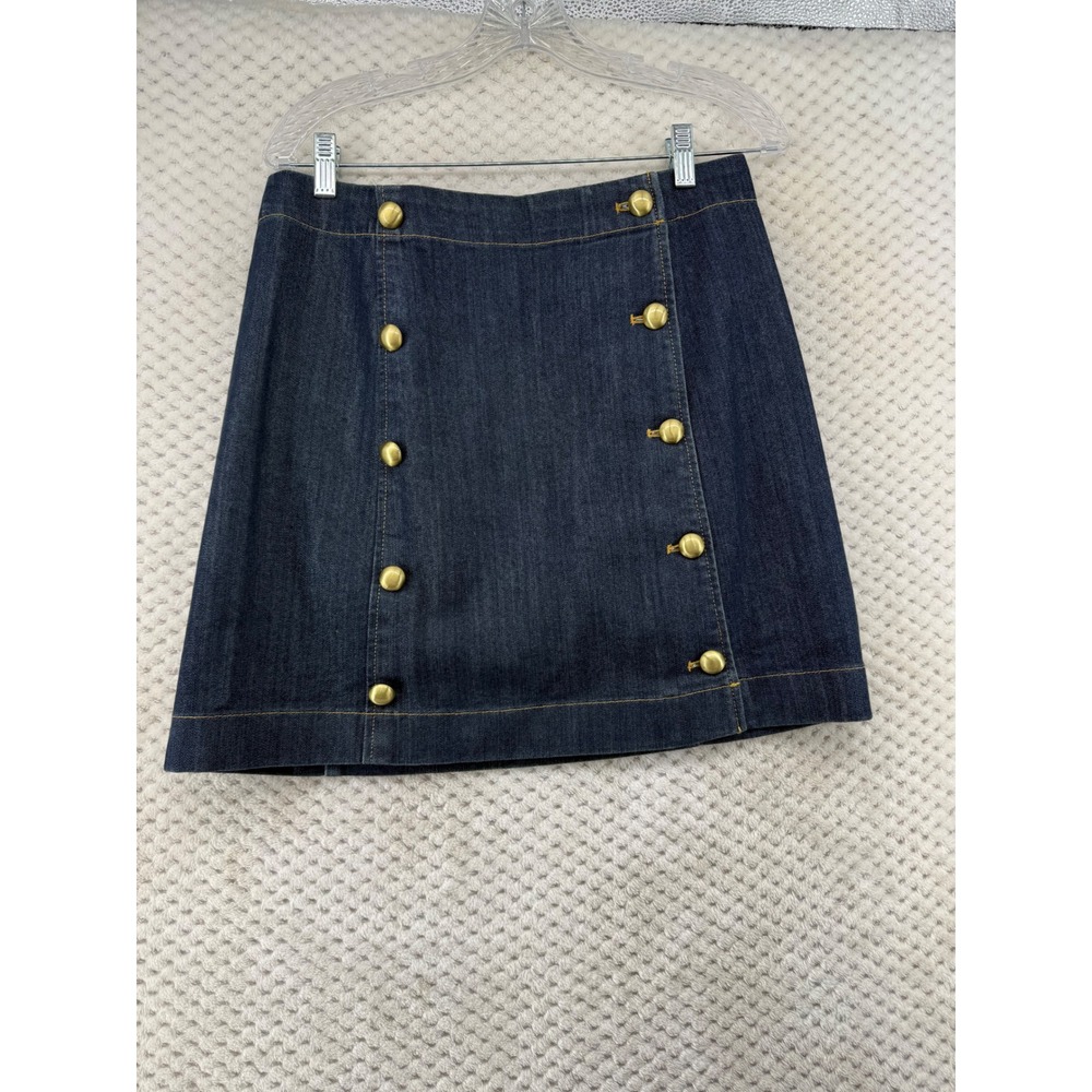 Michael Kors Denim Mini Skirt Women 8 Indigo Gold Button Sailor Double Breast - Picture 2 of 8